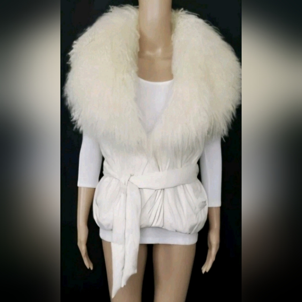 Ralph Lauren Blue Label Cream White Mongolian Fur Belted Down Puffer Vest $3200